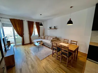 a living room with a couch and a table at Fanky City Apartments in Podgorica