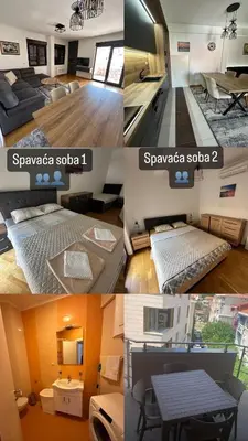 a collage of four pictures of a room at Apartmani Jedro in Rafailovici