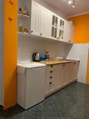 a kitchen with white cabinets and a white dishwasher at Apartment Tanya in Petrovac na Moru