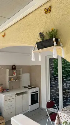 a kitchen with a table and a butterfly on the wall at Apartment Tanya in Petrovac na Moru