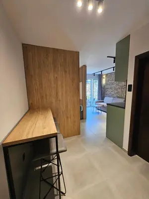 a kitchen and living room with a counter and a table at Anja & Ogo apartments with Pool 2 in Petrovac na Moru