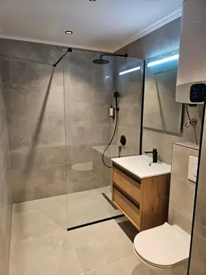 a bathroom with a shower and a toilet and a sink at Anja & Ogo apartments with Pool 2 in Petrovac na Moru