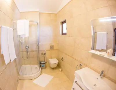 a bathroom with a shower and a toilet and a sink at Townhouse Virginia in Petrovac na Moru