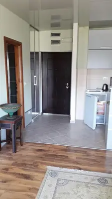 a living room with a door and a kitchen at Апартаменты Ирина М in Bar