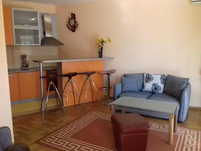 a living room with a couch and a kitchen at Aleksandra in Becici