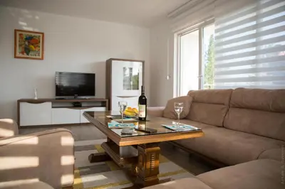 a living room with a couch and a table at Apartments Sunny Hill in Tivat