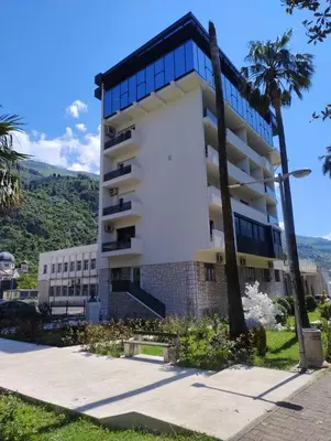 a building with palm trees in front of it at Magnolia Old Town in Kotor