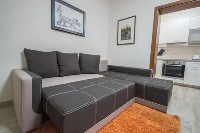 a gray couch in a living room with a kitchen at Magnolia Old Town in Kotor