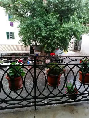 a wrought iron fence with potted plants on it at Guesthouse Nikoleta in Kotor
