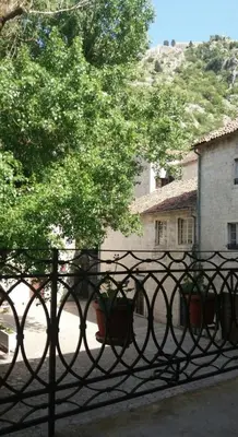 a iron fence with a tree in front of a building at Guesthouse Nikoleta in Kotor