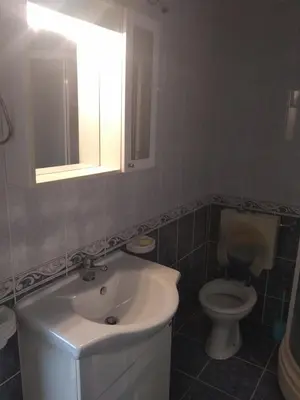 a bathroom with a sink and a toilet at Apartman 