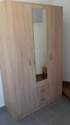 a wooden door with a mirror in a room at Apartments Petrovic in Krimovice