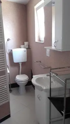 a bathroom with a toilet and a sink and a mirror at Apartments Petrovic in Krimovice