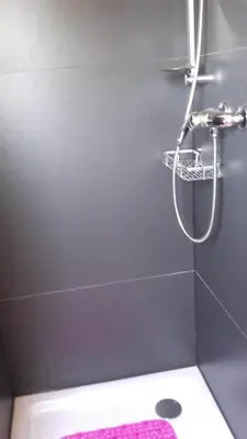 a bathroom with a shower with a pink rug at Apartments Petrovic in Krimovice