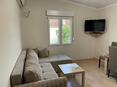 a living room with a couch and a tv at Apartment Lazar & Marco in Podgorica