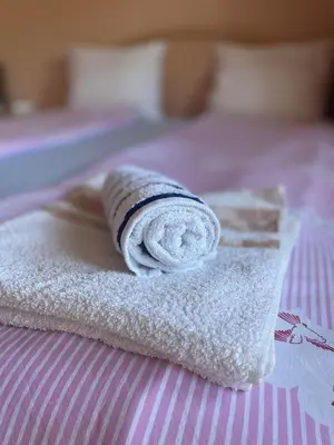 a rolled up towel sitting on top of a bed at Apartment Lazar & Marco in Podgorica