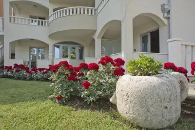 a house with red flowers in front of it at Vila V Lux Apartments in Petrovac na Moru