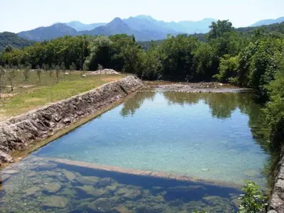 a large pool of water in a field with trees at Camp Podkraj in Virpazar