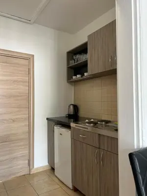 a kitchen with wooden cabinets and a white dishwasher at Apartmani Kažanegra33 in Pržno