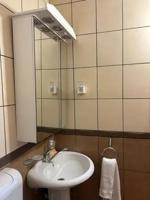 a bathroom with a sink and a mirror at Apartmani Kažanegra33 in Pržno