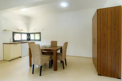 a kitchen and dining room with a wooden table and chairs at N Apartments in Sutomore