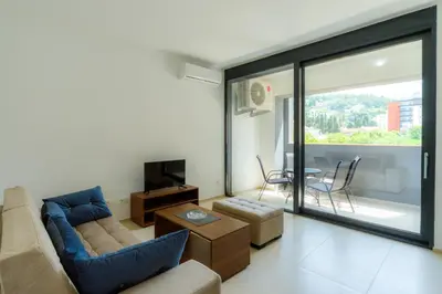 a living room with a couch and a tv at N Apartments in Sutomore
