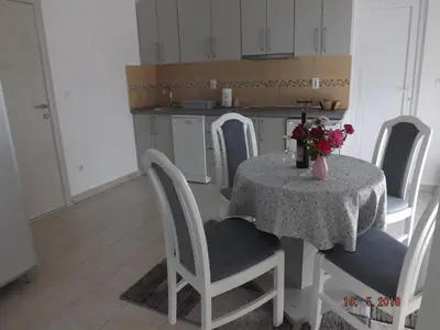 a kitchen with a table with a vase of flowers on it at Raj in Kotor