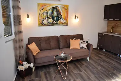a living room with a couch and a painting on the wall at Apartmani Ognjanovic Kotor in Kotor