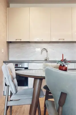 a kitchen with a table and chairs and a sink at Hotel Villa Gracia in Budva
