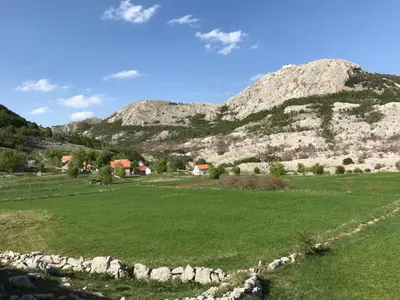 a green field with a mountain in the background at Lovcen Holiday Home in Cetinje