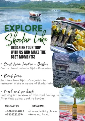 a flyer for ashore banquet lake with a picture of a boat at Lovcen Holiday Home in Cetinje