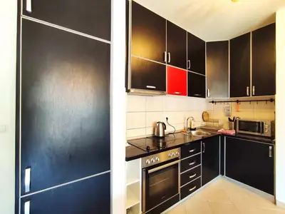 a kitchen with black cabinets and a red wall at Adrialux2 in Budva