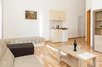 a living room with a couch and a table with a bottle of wine at Vila Nikezić in Sutomore