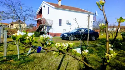 a blue car parked in front of a white house at Airport home Radinovic in Podgorica