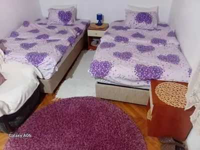 a bedroom with two beds and a rug at Airport home Radinovic in Podgorica