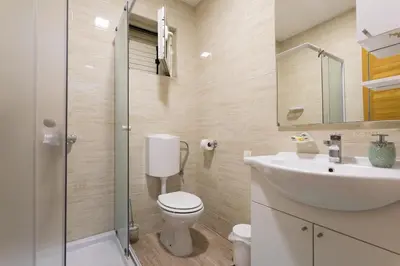 a bathroom with a toilet and a sink and a shower at Belveder Apartments in Budva