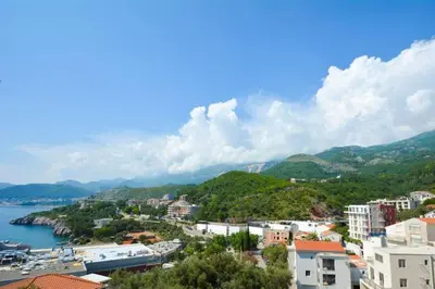 a view of a city and a body of water at Belveder Apartments in Budva