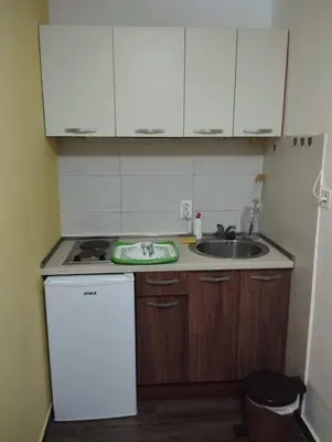 a small kitchen with a sink and a refrigerator at Guesthouse Bato in Virpazar