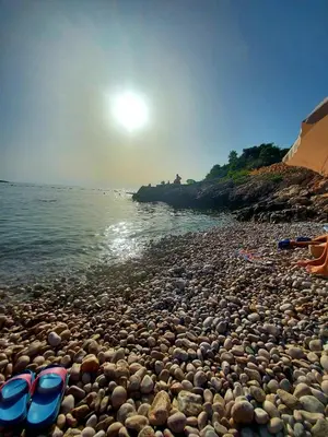 a rocky beach with blue flip flops on the shore at Majero Apartments in Utjeha