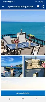 a collage of pictures of a picnic table and the ocean at Apartments Antigona Old Town in Ulcinj