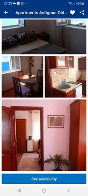 a collage of two pictures of a kitchen and a room at Apartments Antigona Old Town in Ulcinj