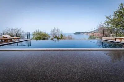 a swimming pool with a view of a body of water at Villa Del Mar in Sutomore