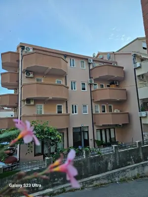 two pink birds flying in front of a building at Apartmani Alexandra in Budva