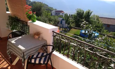 a balcony with a table and a view of a garden at Apartments Villa Andjela in Budva