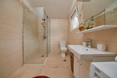 a bathroom with a shower and a sink and a toilet at Passage Apartments in Kotor