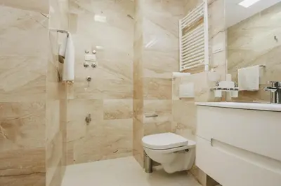 a bathroom with a toilet and a shower at Apartment Mimosa of Tre Canne in Budva