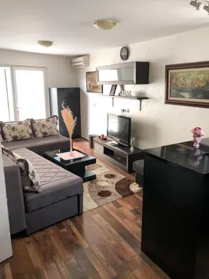 a living room with a couch and a tv at Ruza apartman in Budva