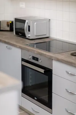 a kitchen with a stove and a microwave on a counter at Old Town Clock Tower Apartment in Kotor