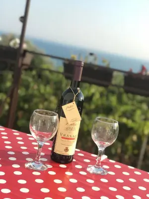 a bottle of wine sitting on a table with two glasses at Apartments Radulović in Ulcinj