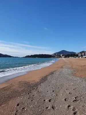 a beach with footprints in the sand and water at Bečiči - Andrea apartman in Becici